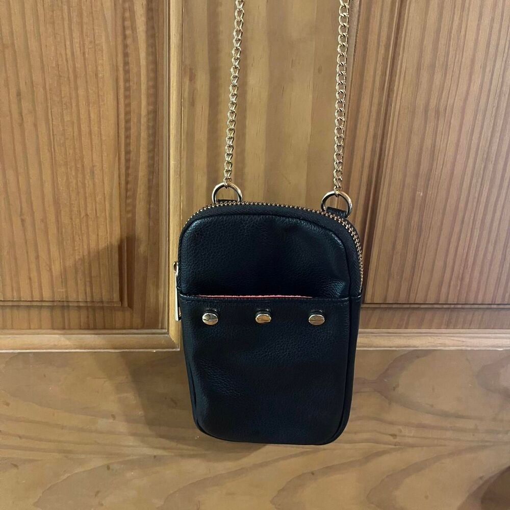 Women's Small Faux Leather Black Crossbody Bag with Gold Chain